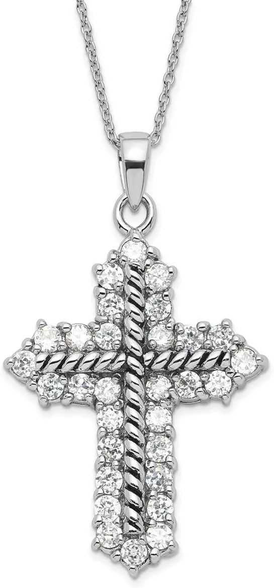 JewelryWeb 925 Sterling Silver Spring-Ring Artisan Oxidized CZ Simulated Diamond Antiqued Religious Faith Cross Necklace 18 Inch Pendant-Necklace for Women