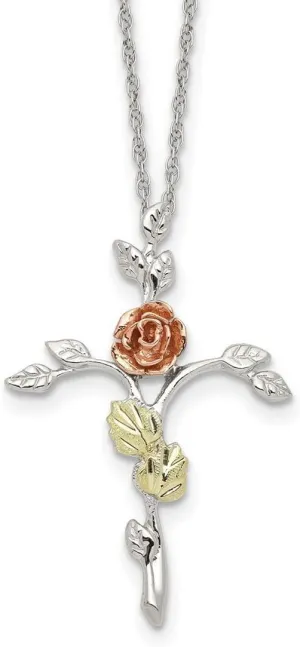 JewelryWeb 925 Sterling Silver Spring-Ring Polished and satin and 12k Rose Religious Faith Cross Necklace 18 Inch Pendant-Necklace for Women