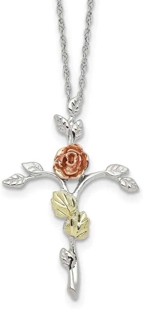 JewelryWeb 925 Sterling Silver Spring-Ring Polished and satin and 12k Rose Religious Faith Cross Necklace 18 Inch Pendant-Necklace for Women