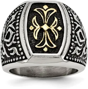JewelryWeb Stainless Steel Artisan Oxidized and Gold Plated Polished Religious Faith Cross Ring Size 11 Band Style-Ring for Women
