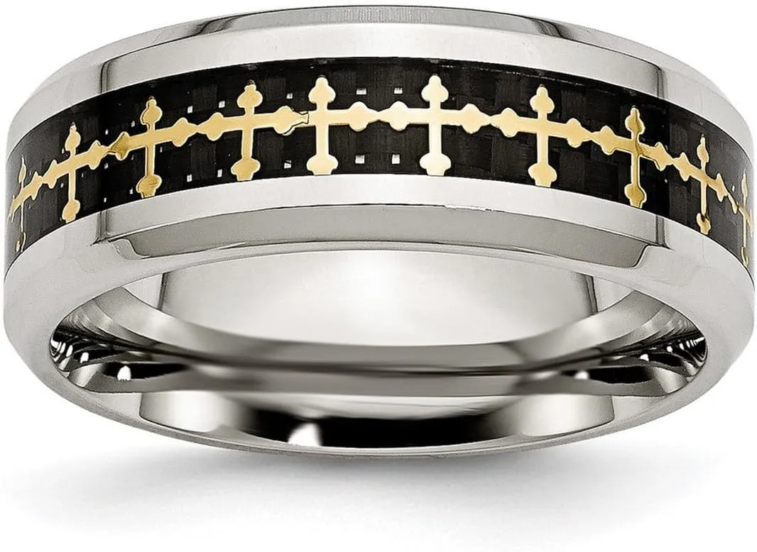 JewelryWeb Stainless Steel Beveled Edge Polished Carbon Fiber Yellow Ip Plated Religious Faith Crosses Ring Size 8 Band Style-Ring for Women