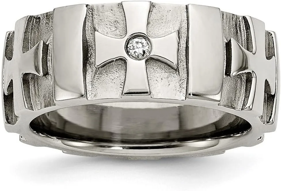 JewelryWeb Stainless Steel Brushed Polished Religious Faith Crosses With Diamond 8.5mm Band Ring Size 10-Band Style-Ring for Women and Men