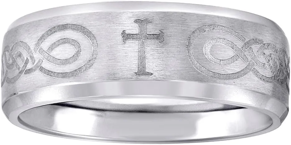 JewelryWeb Stainless Steel Mens Center Brushed With Irish Claddagh Celtic Trinity Knot Religious Faith Cross Comfort-Fit Fashion Band Ring Wedding-Band for Men