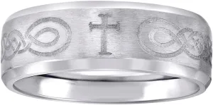 JewelryWeb Stainless Steel Mens Center Brushed With Irish Claddagh Celtic Trinity Knot Religious Faith Cross Comfort-Fit Fashion Band Ring Wedding-Band for Men