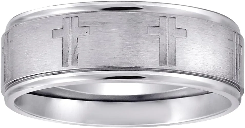 JewelryWeb Stainless Steel Mens Center Brushed With Religious Faith Cross Step Edges Comfort-Fit Fashion Band Ring Wedding-Band for Men