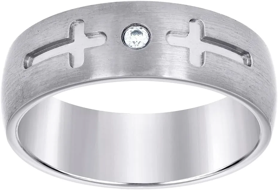 JewelryWeb Stainless Steel Mens CZ Simulated Diamond Religious Faith Cross Brushed Comfort-Fit Fashion Band Ring Wedding-Band for Men