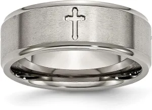 JewelryWeb Titanium Brushed Polished Ridged Edge Religious Faith Cross 8mm Brush/Polish Band Size 10.5-Band Style Ring for Women and Men