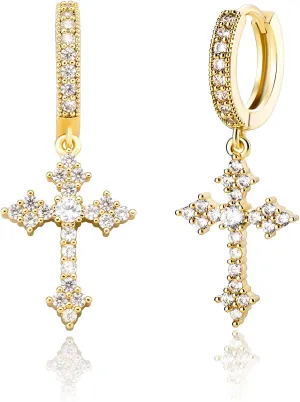 JINAO Cross Hoop Dangle Earrings 14K Gold Plated 5A  Cubic Zirconia Cartilage Hypoallergenic Sterling Silver Cross Dangle Drop Earrings For Men Women