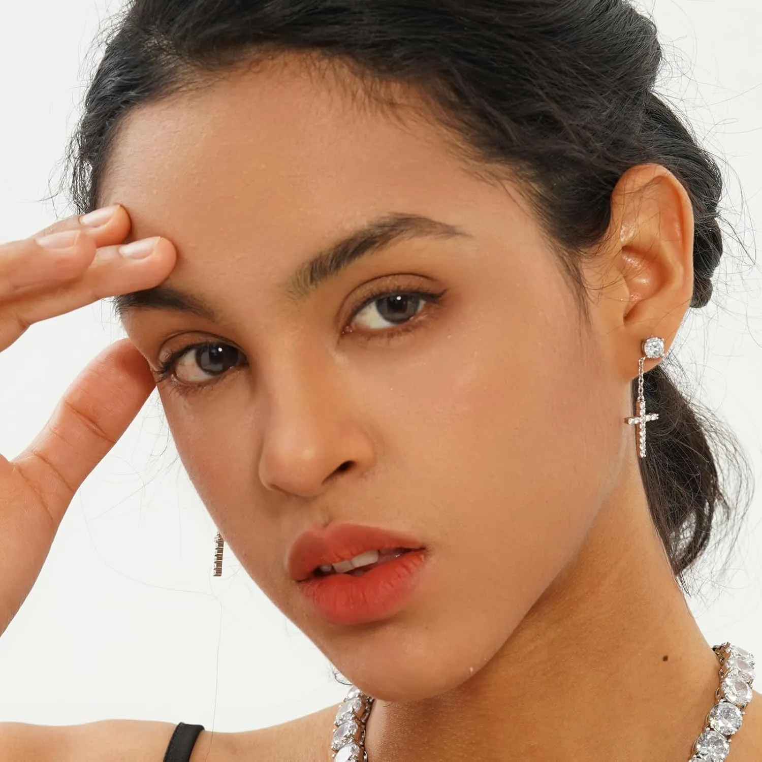 JINAO Cross Hoop Dangle Earrings 14K Gold Plated 5A  Cubic Zirconia Cartilage Hypoallergenic Sterling Silver Cross Dangle Drop Earrings For Men Women