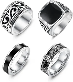 Jstyle 4Pcs Stainless Steel Vintage Signet Rings for Men Biker Rings Set Pinky Thumb Celtic Band Ring Spinner Ring Silver Gold Polished Edge Mens Rings for Men Jewelry Gift