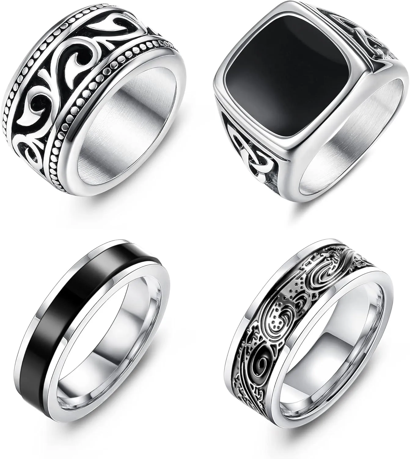Jstyle 4Pcs Stainless Steel Vintage Signet Rings for Men Biker Rings Set Pinky Thumb Celtic Band Ring Spinner Ring Silver Gold Polished Edge Mens Rings for Men Jewelry Gift