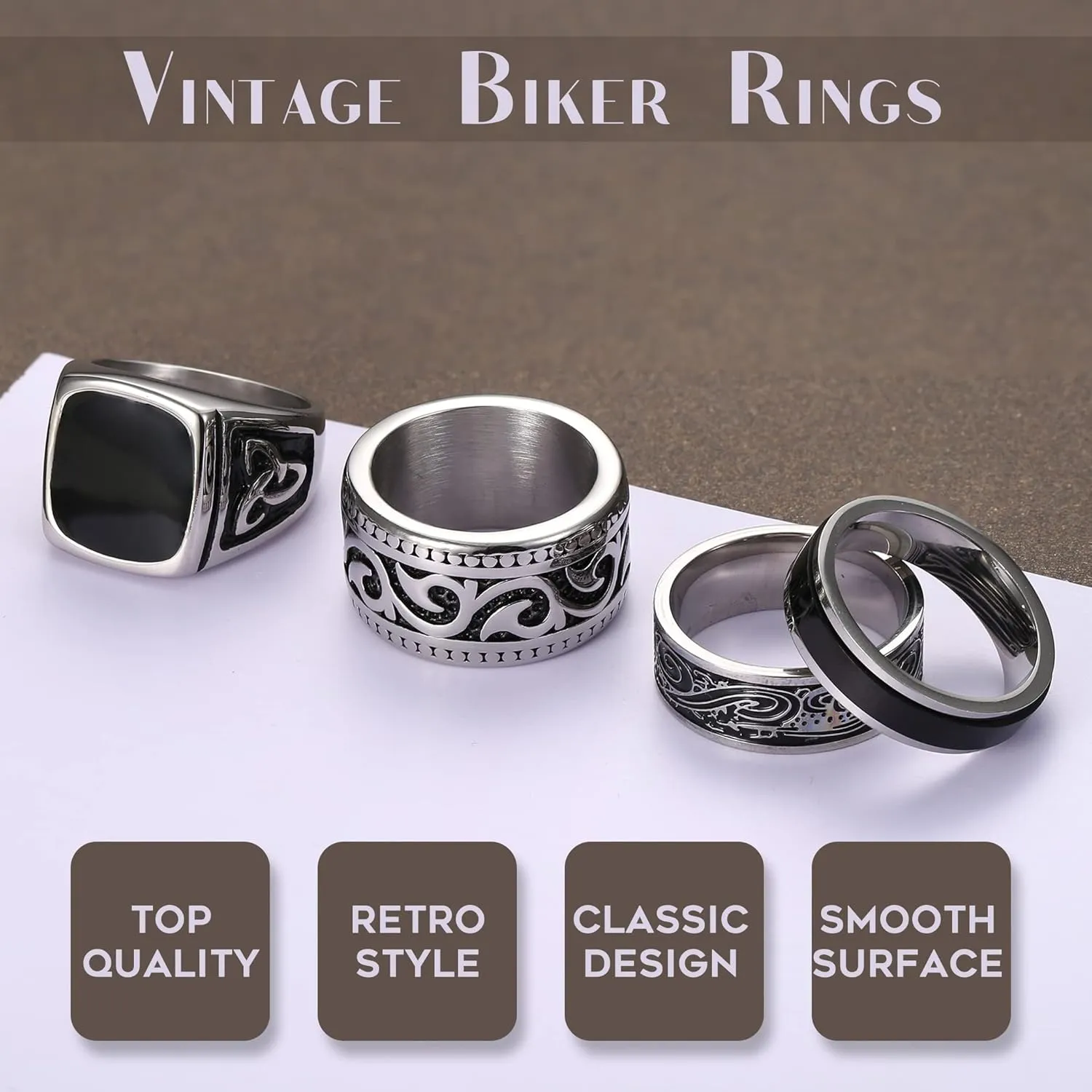 Jstyle 4Pcs Stainless Steel Vintage Signet Rings for Men Biker Rings Set Pinky Thumb Celtic Band Ring Spinner Ring Silver Gold Polished Edge Mens Rings for Men Jewelry Gift