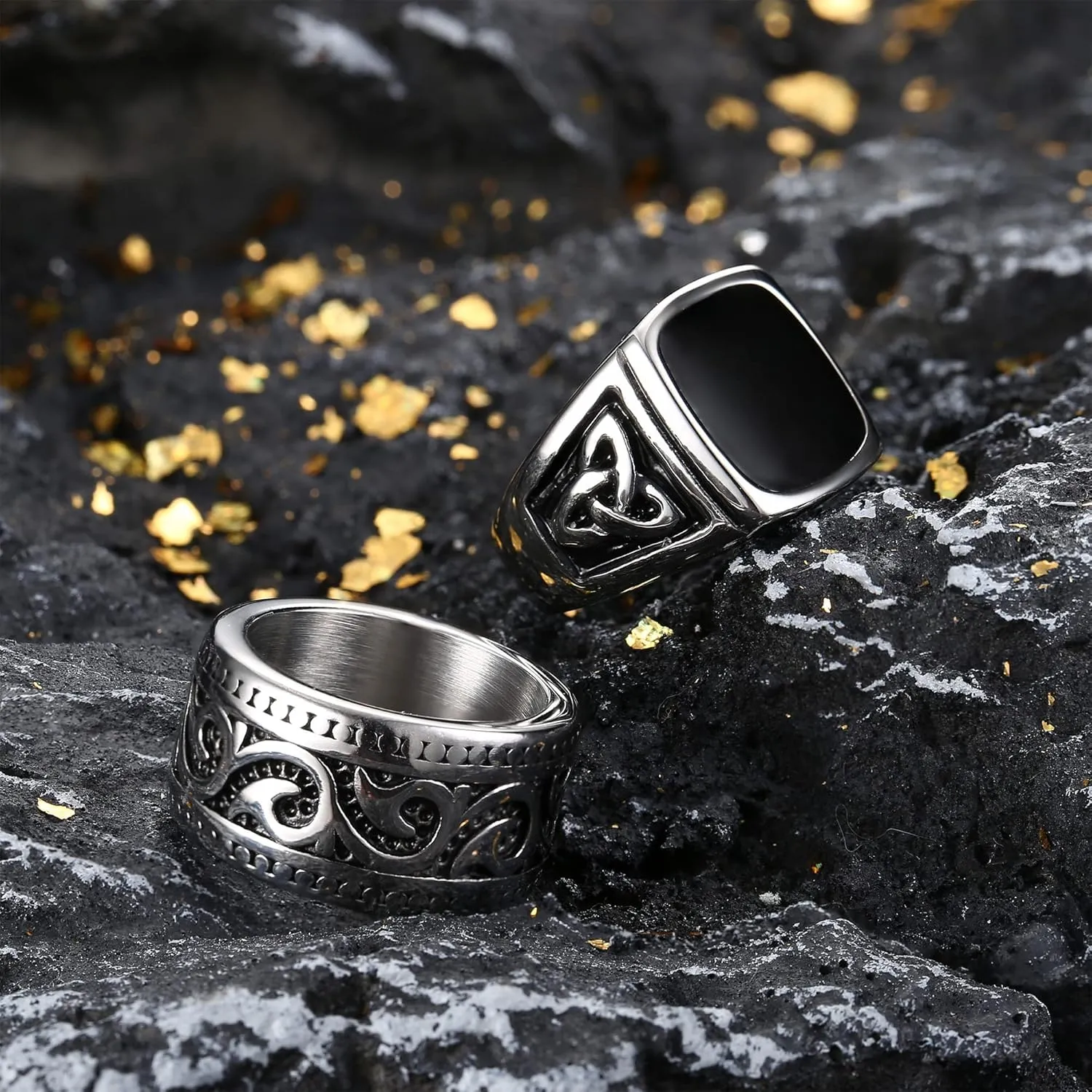 Jstyle 4Pcs Stainless Steel Vintage Signet Rings for Men Biker Rings Set Pinky Thumb Celtic Band Ring Spinner Ring Silver Gold Polished Edge Mens Rings for Men Jewelry Gift