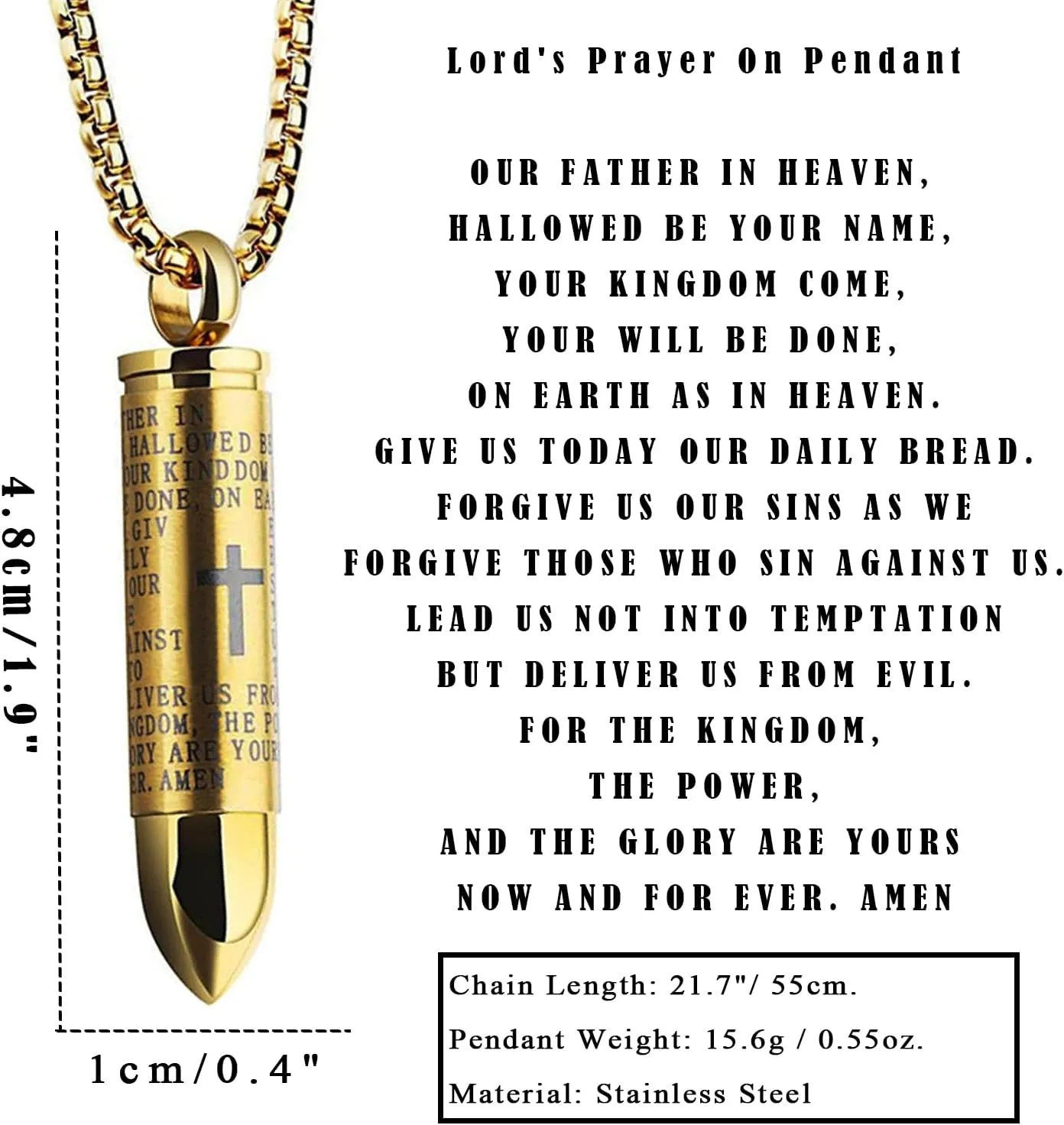 JWM Stainless Steel Bullet Pendants Cremation Urn Ashes Necklaces Cross Lords Prayer in English, 21.7" Square Pearl Chain