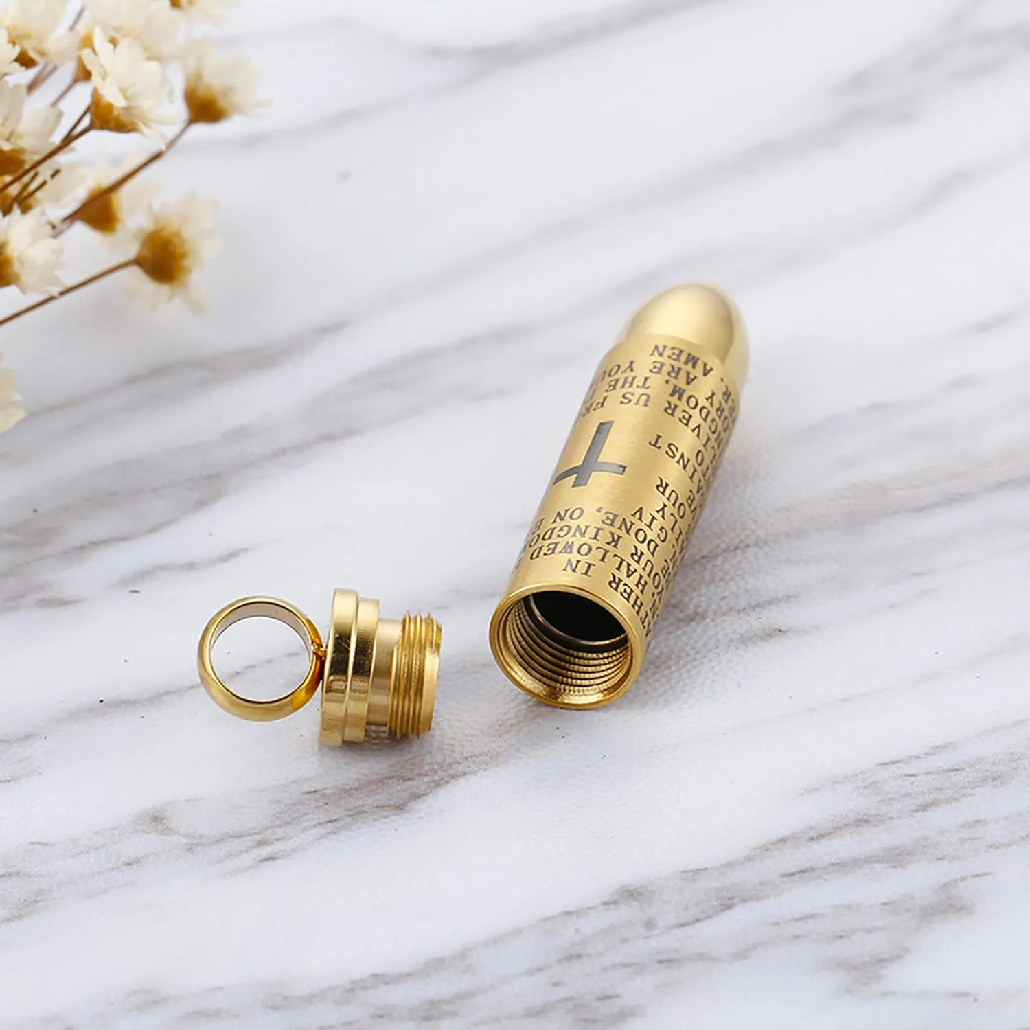 JWM Stainless Steel Bullet Pendants Cremation Urn Ashes Necklaces Cross Lords Prayer in English, 21.7" Square Pearl Chain