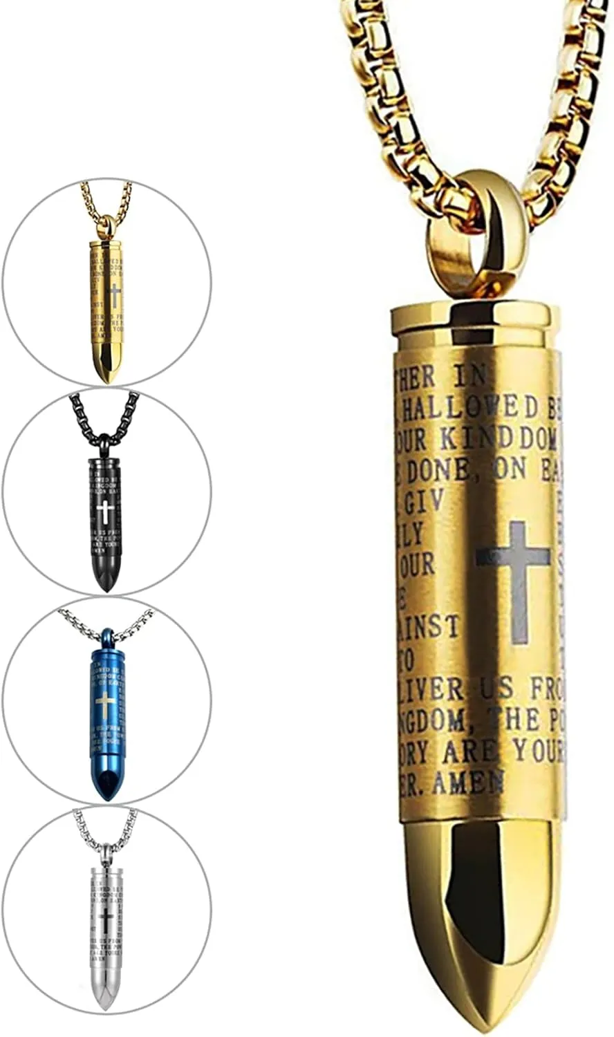 JWM Stainless Steel Bullet Pendants Cremation Urn Ashes Necklaces Cross Lords Prayer in English, 21.7" Square Pearl Chain