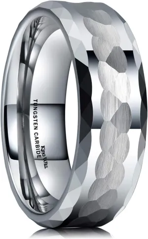 King Will Hammered 8mm Silver Tungsten Ring Hammer Multi-Faceted Men Wedding Band Polished Domed Brushed Step Edge Comfort Fit