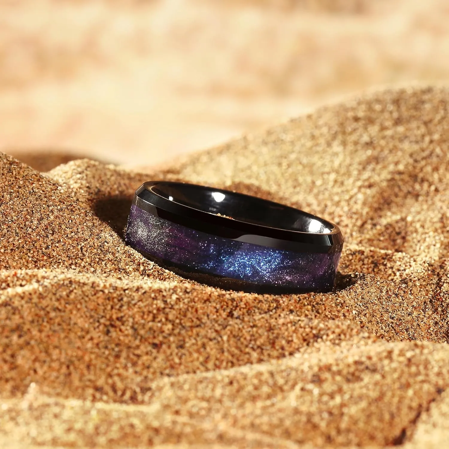 King Will Tungsten Carbide Wedding Band for Men - 8mm Black High Polished Inlay Blue Green/Blue Opal/Red Sand for Everyday Wear Comfort Fit Galaxy Collection