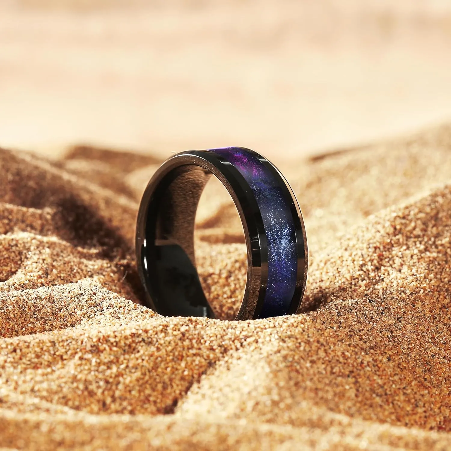 King Will Tungsten Carbide Wedding Band for Men - 8mm Black High Polished Inlay Blue Green/Blue Opal/Red Sand for Everyday Wear Comfort Fit Galaxy Collection