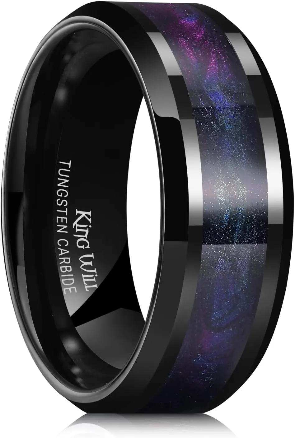 King Will Tungsten Carbide Wedding Band for Men - 8mm Black High Polished Inlay Blue Green/Blue Opal/Red Sand for Everyday Wear Comfort Fit Galaxy Collection