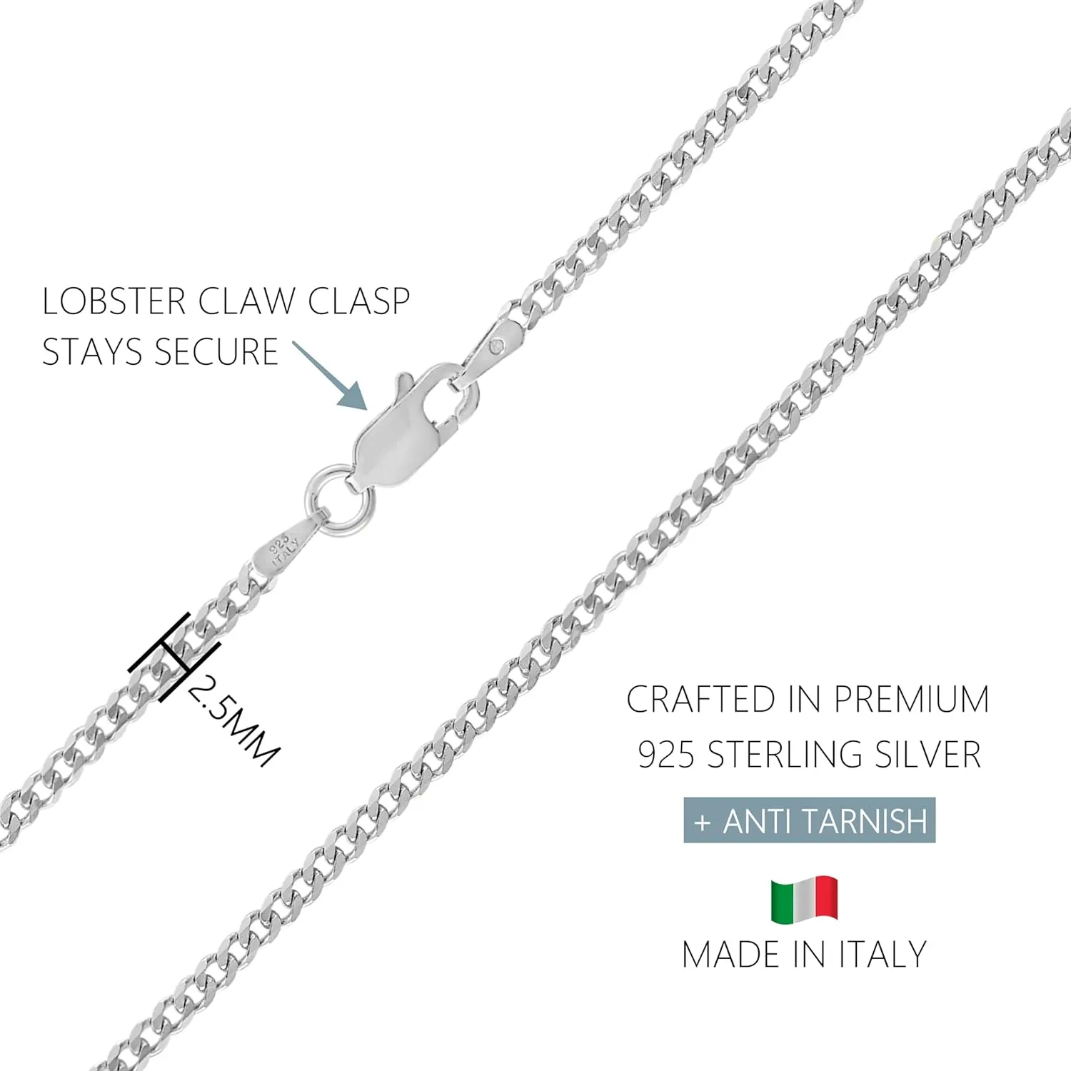 KISPER Italian Solid 925 Sterling Silver Diamond Cut 1.75MM, 2.5mm Curb Cuban Link Chain Necklace - for Men & Women with Lobster Clasp - Made in Italy