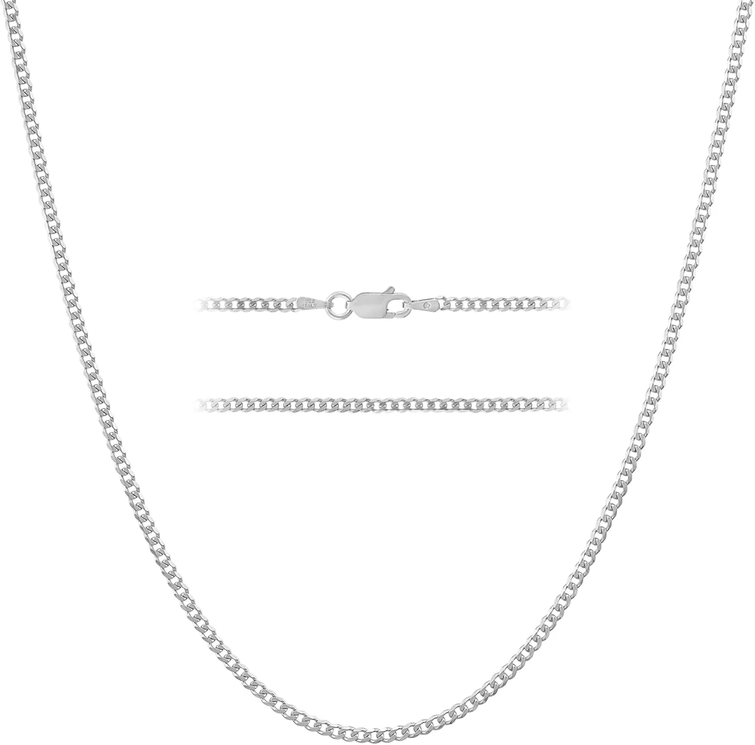 KISPER Italian Solid 925 Sterling Silver Diamond Cut 1.75MM, 2.5mm Curb Cuban Link Chain Necklace - for Men & Women with Lobster Clasp - Made in Italy