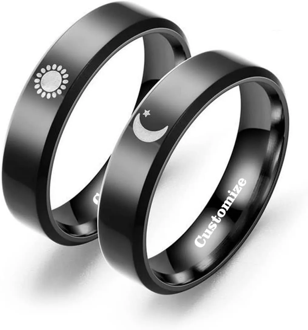 Kissmeta Matching Rings for Couples Sun and Moon Ring Promise Couple Ring Comfort Fit Black Customized Engagement Wedding Ring Personalized Band Sets for Him and Her High Polished