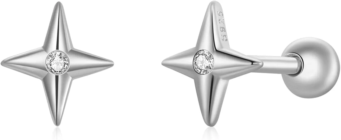 Kokoma Diamond Star Sterling Silver Stud Earrings for Women CZ Crystal 20g Tiny Stars Cartilage Earrings Tragus Studs Piercing with Screw Back Trendy Ear Jewelry