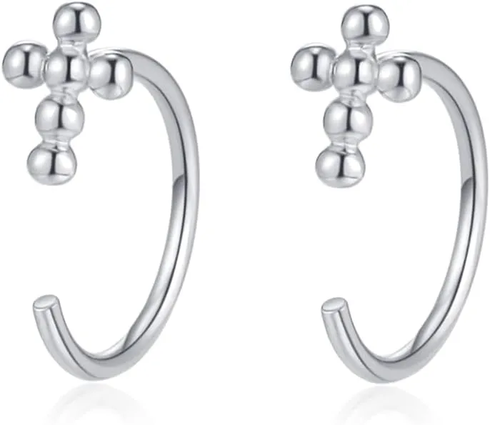 Kokoma Minimalist Cross Half Hoop Earrings for Women Stelring Silver 925 Cartilage Earrings Hooks Huggie Hoops Stud Earrings Hypoallergenic