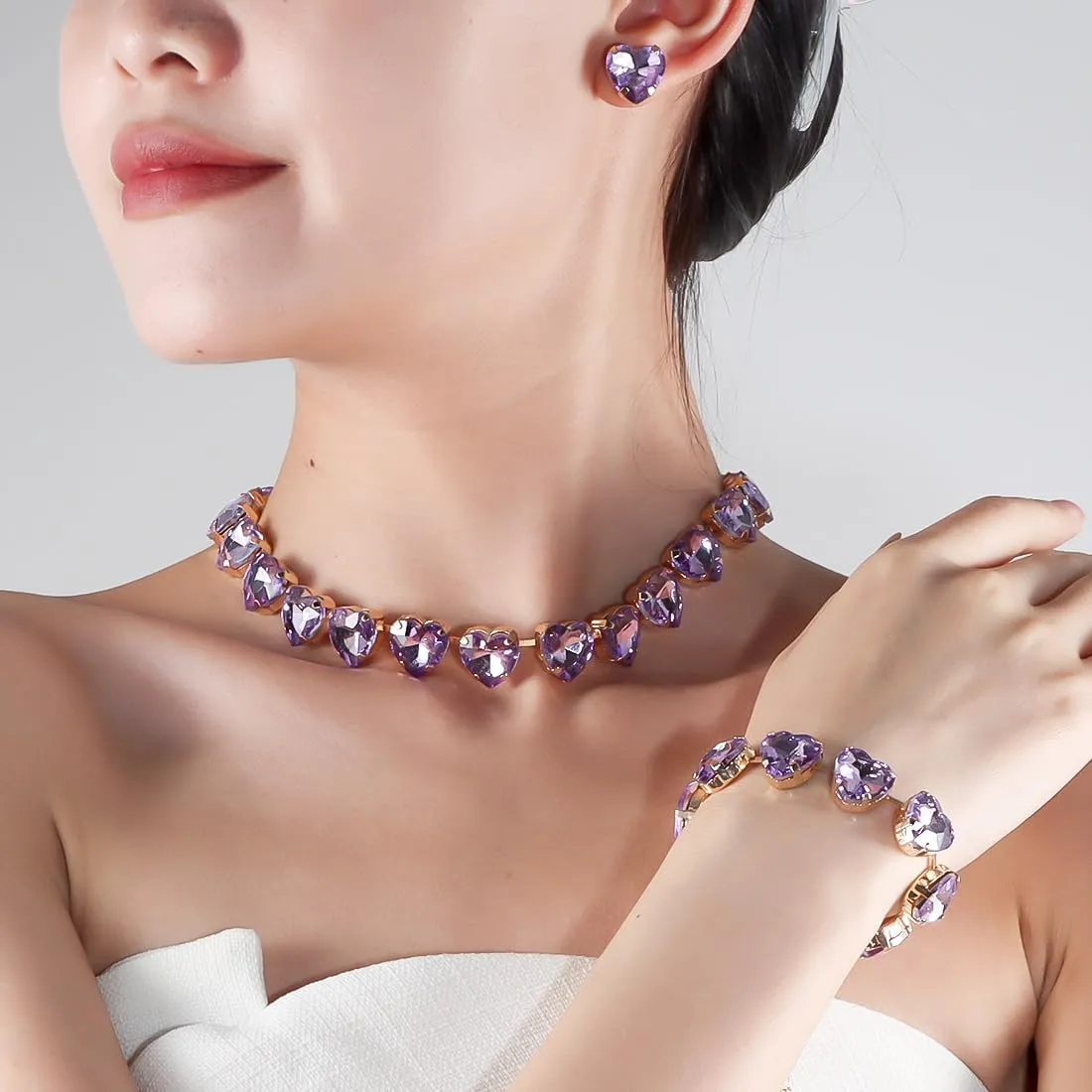 KOSMOS-LI Heart Crystal Choker Necklace Bracelet Earrings for Women Jewelry Sets