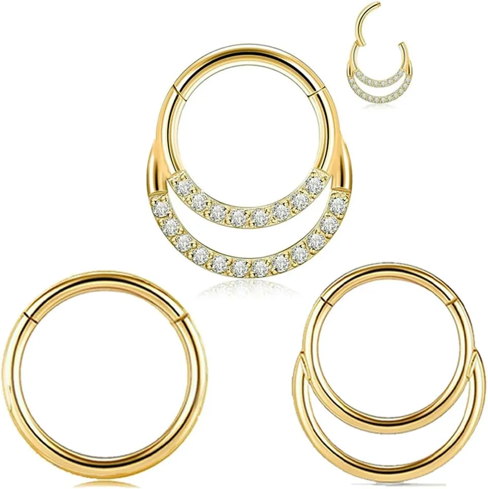 Krezip 3pcs Septum Jewelry - Surgical Steel Double Hoop Nose Rings 16G Hinged CZ Septum Clicker Rings Cartilage Earring Conch 8mm/10mm