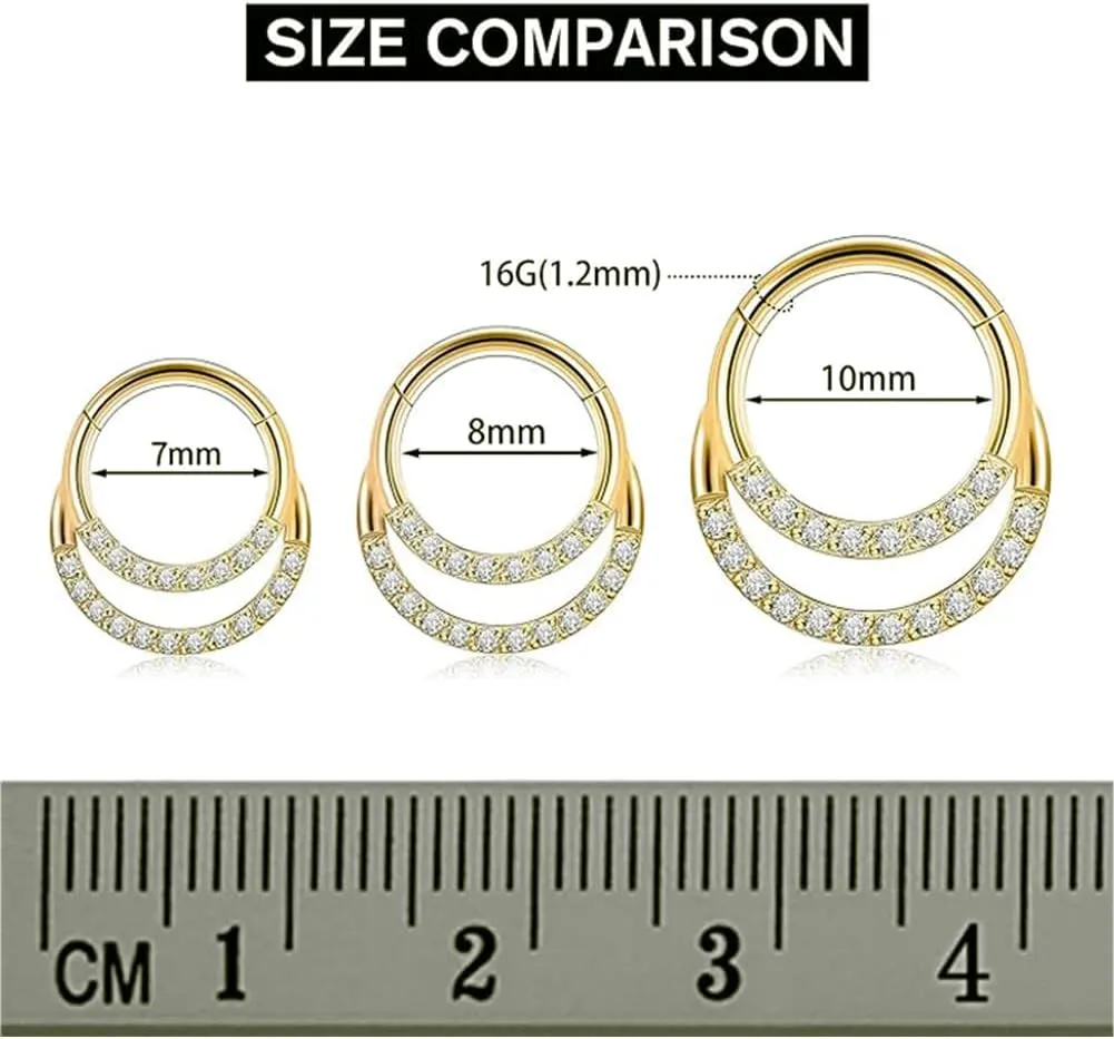 Krezip 3pcs Septum Jewelry - Surgical Steel Double Hoop Nose Rings 16G Hinged CZ Septum Clicker Rings Cartilage Earring Conch 8mm/10mm