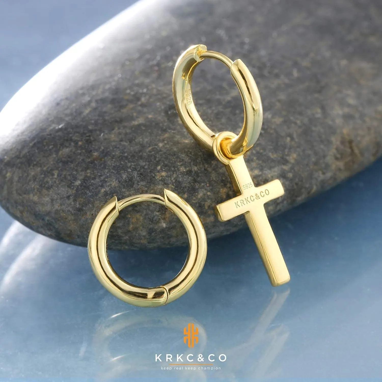 KRKC&CO Cross Earrings for Men, Sterling Silver Dangle Earring, Hypoallergenic 15mm Round Hoop Hinged Hanging Studs, Gift for Him,     