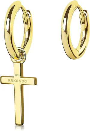 KRKC&CO Cross Earrings for Men, Sterling Silver Dangle Earring, Hypoallergenic 15mm Round Hoop Hinged Hanging Studs, Gift for Him,     