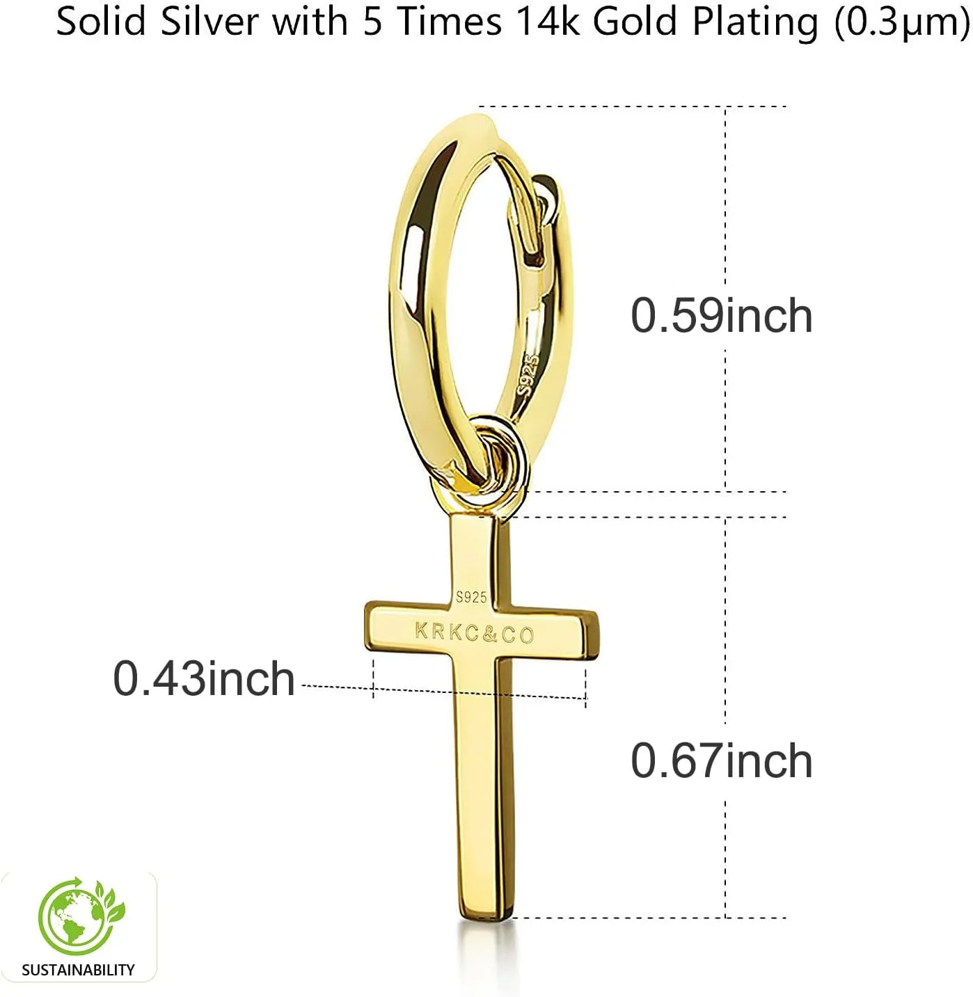 KRKC&CO Cross Earrings for Men, Sterling Silver Dangle Earring, Hypoallergenic 15mm Round Hoop Hinged Hanging Studs, Gift for Him,     
