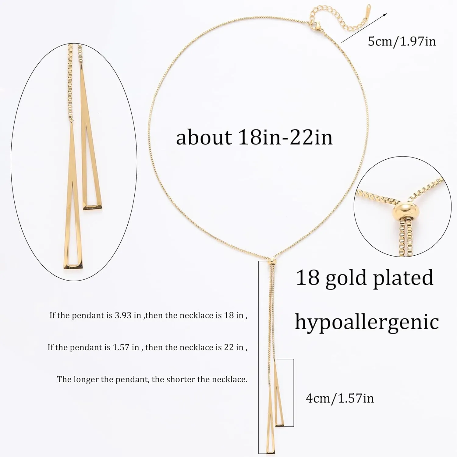 Lariat Gold Necklace for Women Dainty Adjustable Long Gold Y Necklaces 18k Gold Plated Tassel Triangle Long Bar Slip Chain Drop Pendant Necklace For Women