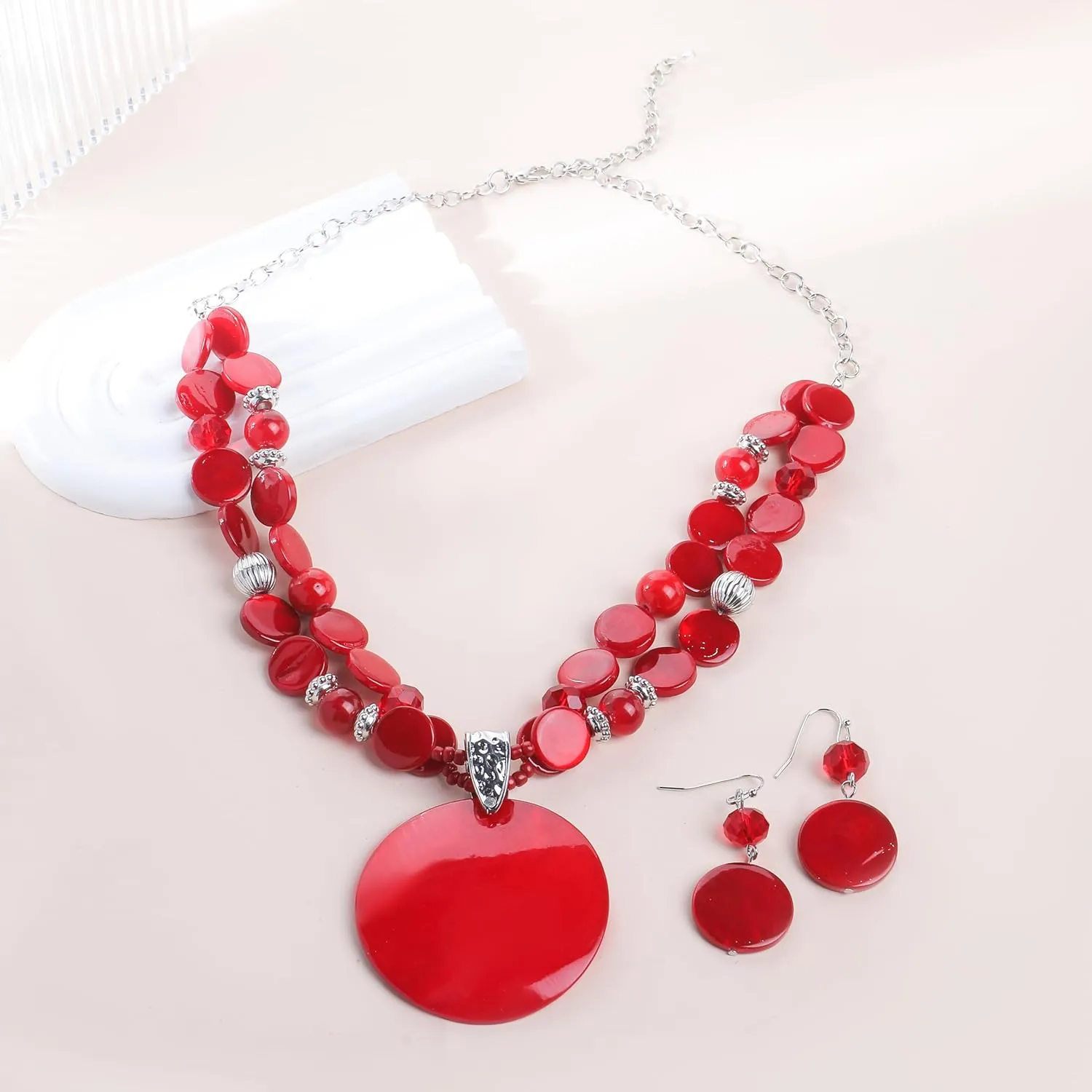 Layered Beads Statement Fashion Necklace Chunky Jewelry Set Big Colorful Glass Stone Circle Shell Pendant Choker Necklace and Earring Set for Women