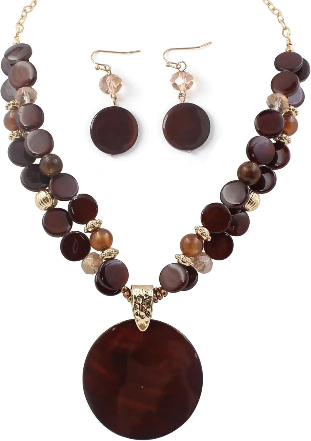 Layered Beads Statement Fashion Necklace Chunky Jewelry Set Big Colorful Glass Stone Circle Shell Pendant Choker Necklace and Earring Set for Women