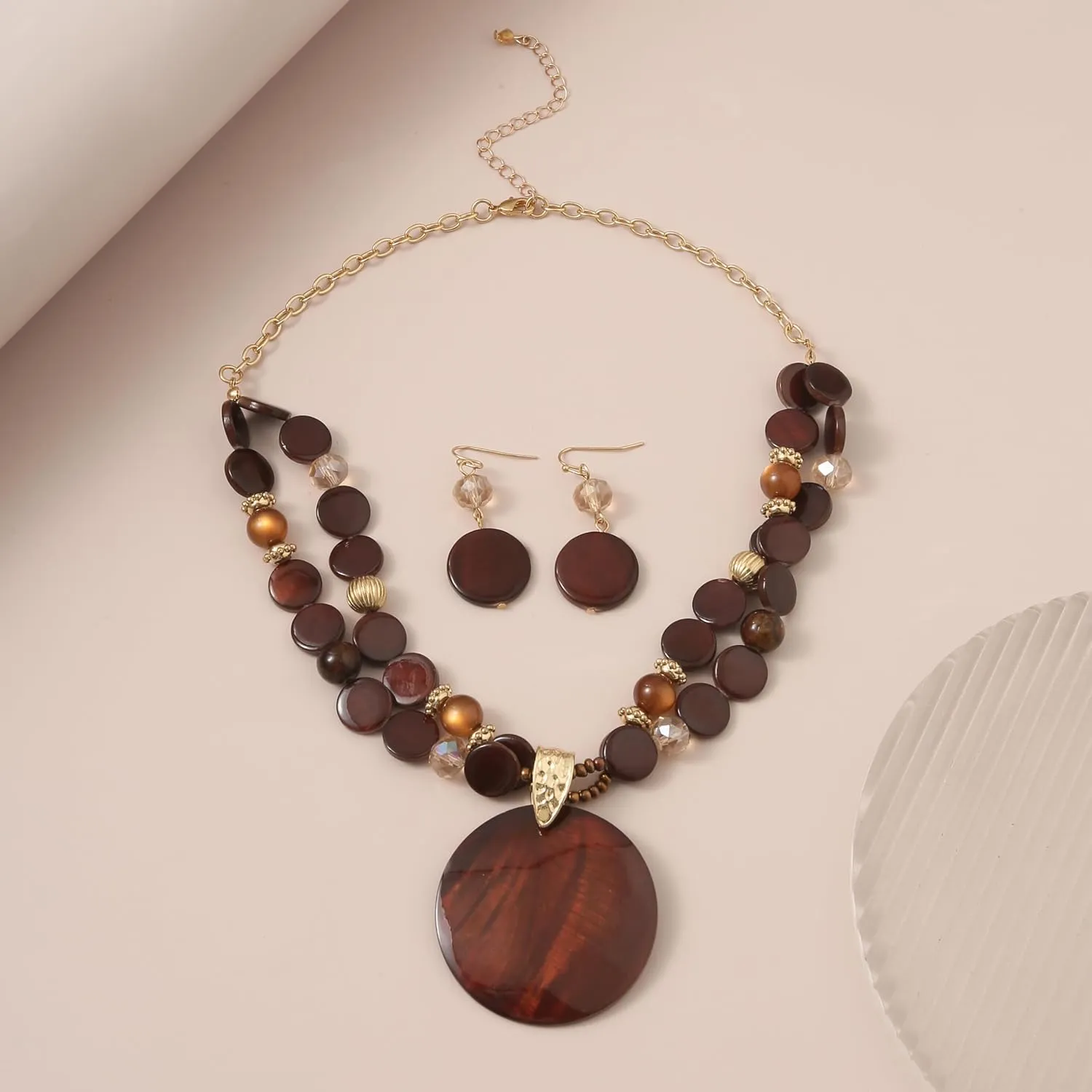 Layered Beads Statement Fashion Necklace Chunky Jewelry Set Big Colorful Glass Stone Circle Shell Pendant Choker Necklace and Earring Set for Women