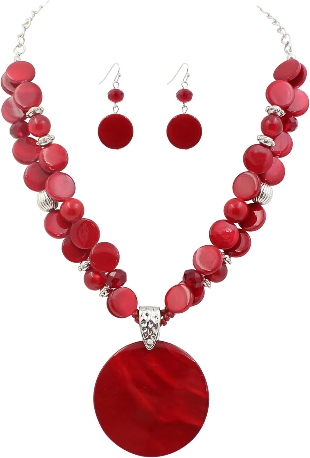 Layered Beads Statement Fashion Necklace Chunky Jewelry Set Big Colorful Glass Stone Circle Shell Pendant Choker Necklace and Earring Set for Women