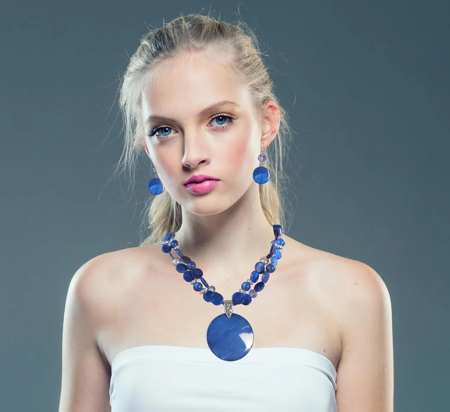 Layered Beads Statement Fashion Necklace Chunky Jewelry Set Big Colorful Glass Stone Circle Shell Pendant Choker Necklace and Earring Set for Women