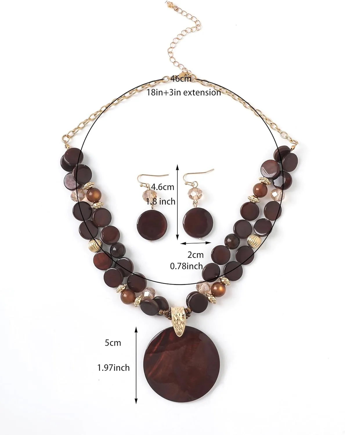 Layered Beads Statement Fashion Necklace Chunky Jewelry Set Big Colorful Glass Stone Circle Shell Pendant Choker Necklace and Earring Set for Women
