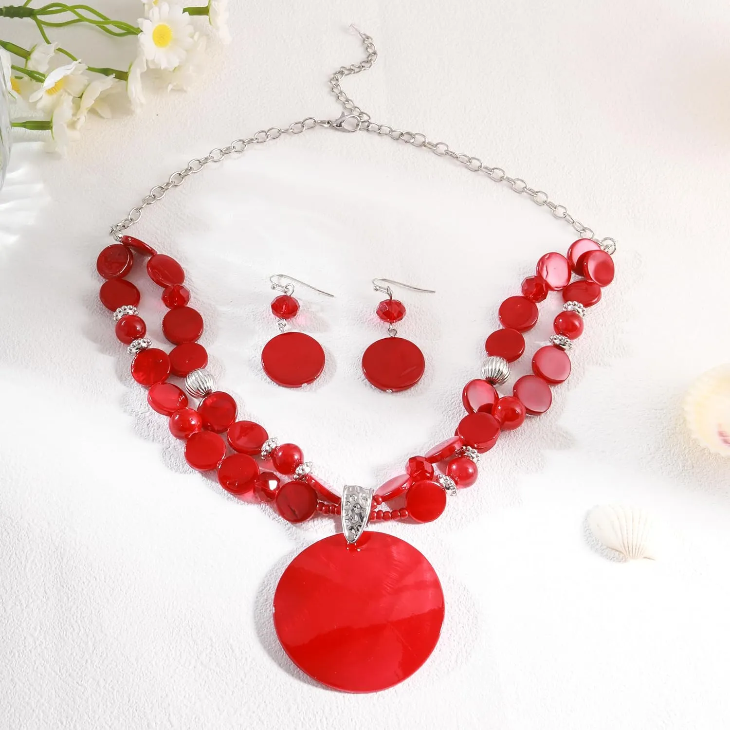Layered Beads Statement Fashion Necklace Chunky Jewelry Set Big Colorful Glass Stone Circle Shell Pendant Choker Necklace and Earring Set for Women