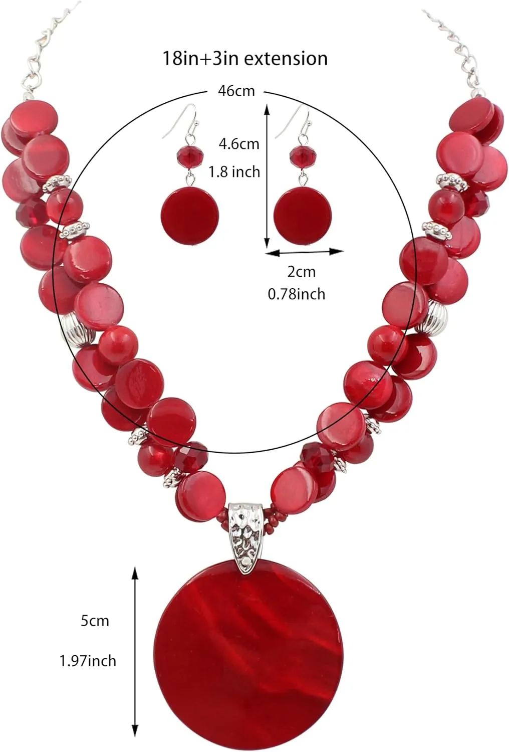 Layered Beads Statement Fashion Necklace Chunky Jewelry Set Big Colorful Glass Stone Circle Shell Pendant Choker Necklace and Earring Set for Women