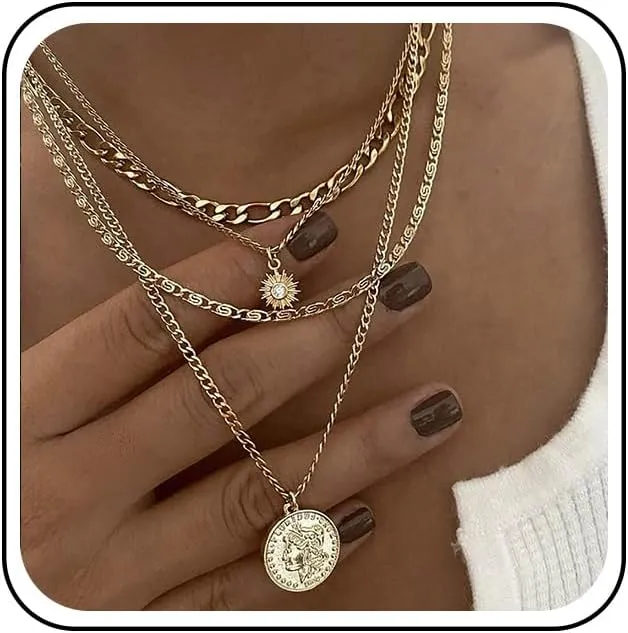 Layered Chain Coin Pendant Necklace Gold Chunky Chain Layered Necklace Multilayer Chains Choker Necklaces Thick Sun Link Pendant Short Choker Punk Hippie Statement Jewelry