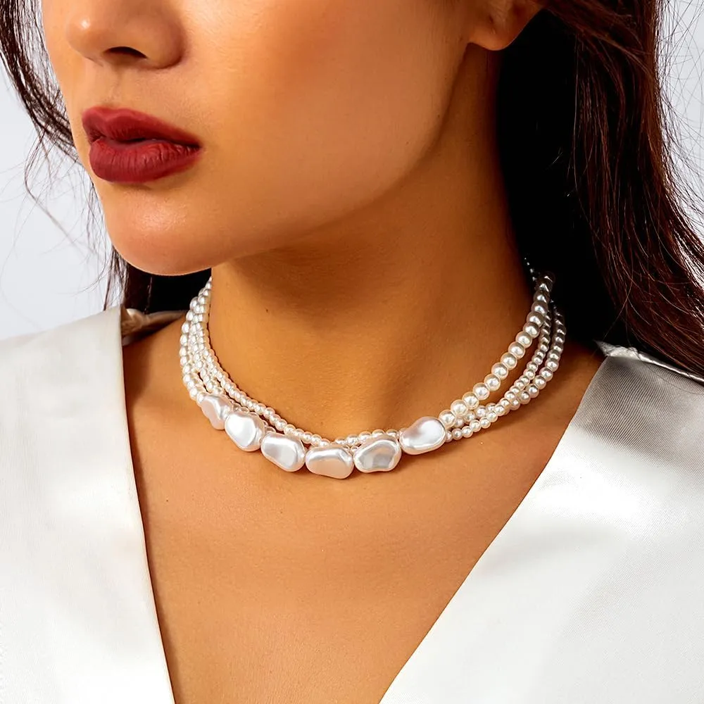 Layered Pearl Necklace for Women Baroque Pearl Statement Choker Necklace Irregular White Pearl Charm Necklaces Wedding Bridal Party Neck Jewelry Gifts