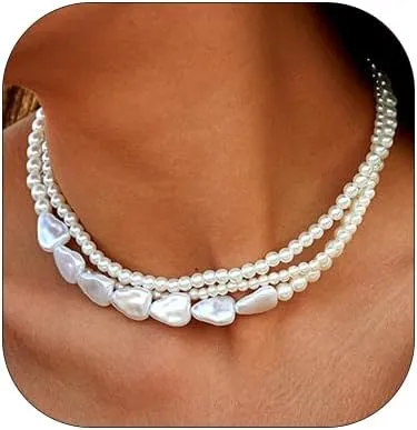 Layered Pearl Necklace for Women Baroque Pearl Statement Choker Necklace Irregular White Pearl Charm Necklaces Wedding Bridal Party Neck Jewelry Gifts
