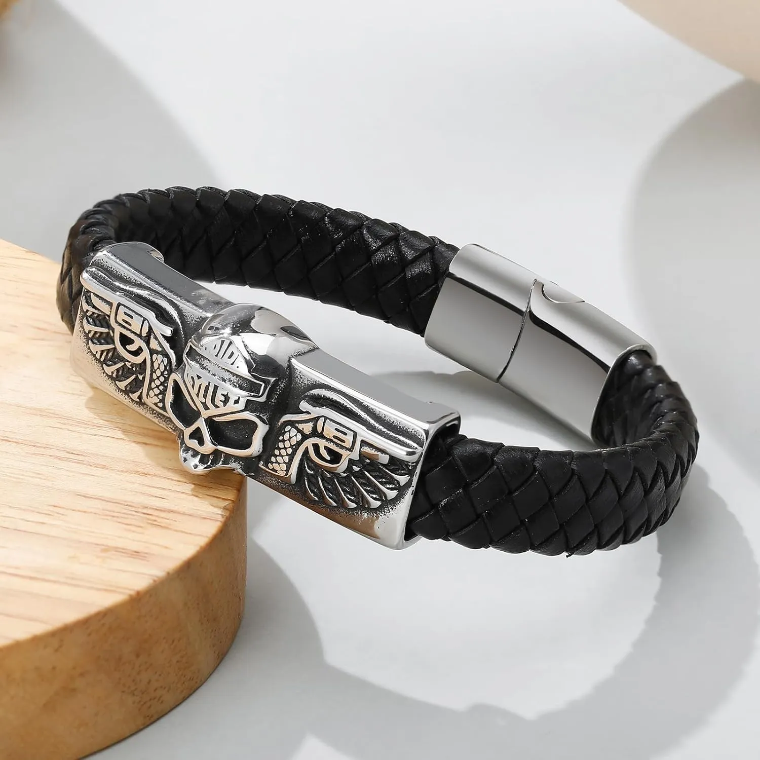 Leather Bracelet for Men, Black Braided Stainless Steel Bangle Bracelets Handmade Jewelry Gifts for Him