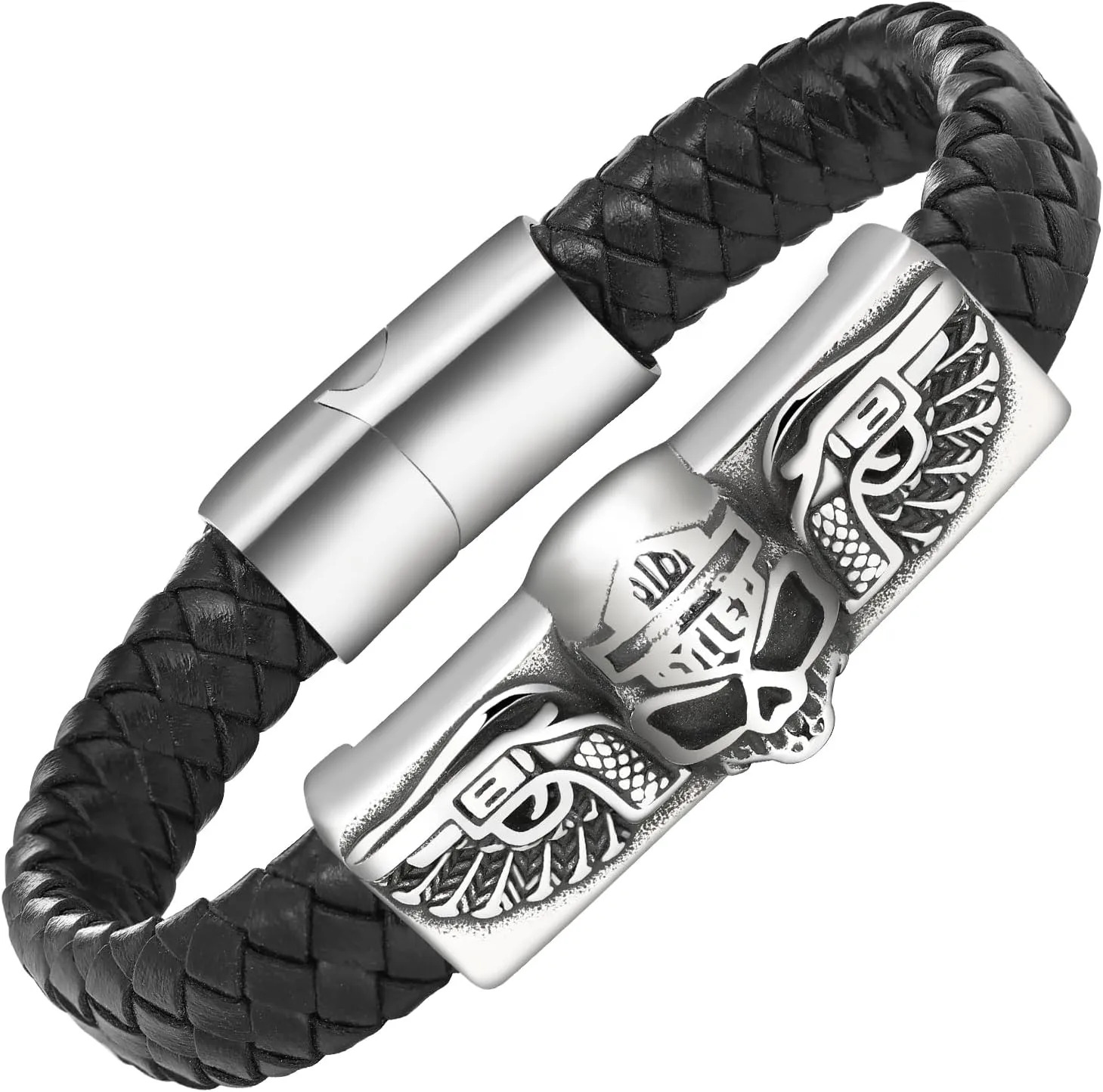 Leather Bracelet for Men, Black Braided Stainless Steel Bangle Bracelets Handmade Jewelry Gifts for Him