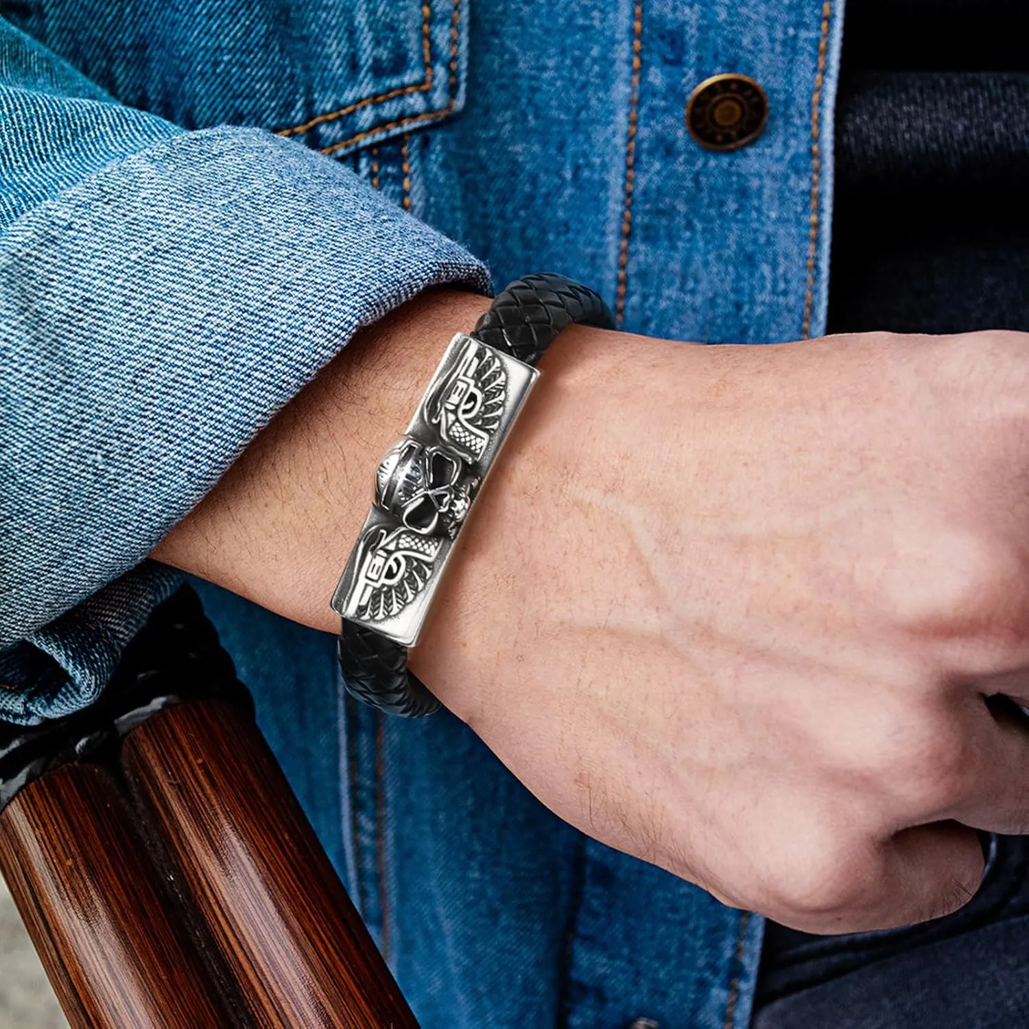 Leather Bracelet for Men, Black Braided Stainless Steel Bangle Bracelets Handmade Jewelry Gifts for Him